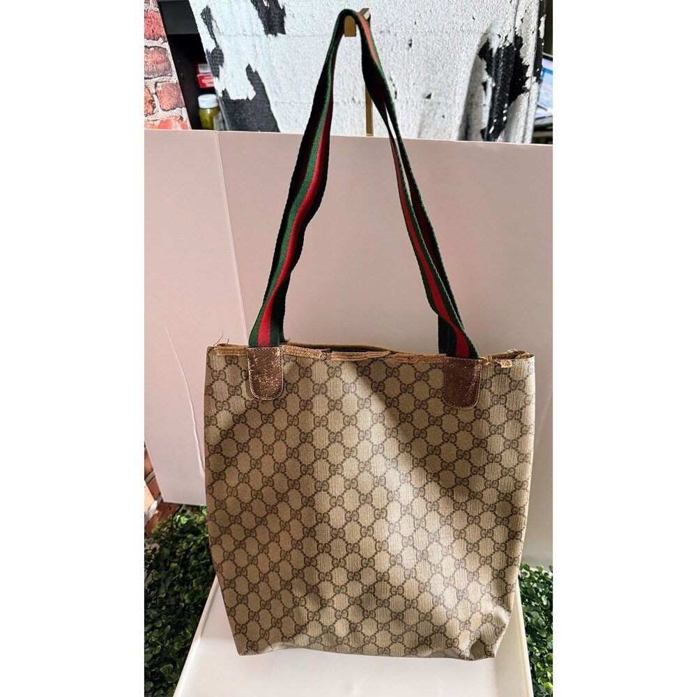 Gucci Vintage GG Monogram Canvas Tote Bag Green Red Web Straps - Brown Logo - Picture 2 of 11